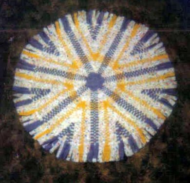 One of the finished rugs made by Gail and Clyde Martin - blue/white/yellow