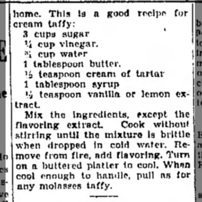 taffy recipe from The Hutchinson News  (Hutchinson, Kansas) 10 Jan 1930, Fri  • Page 11